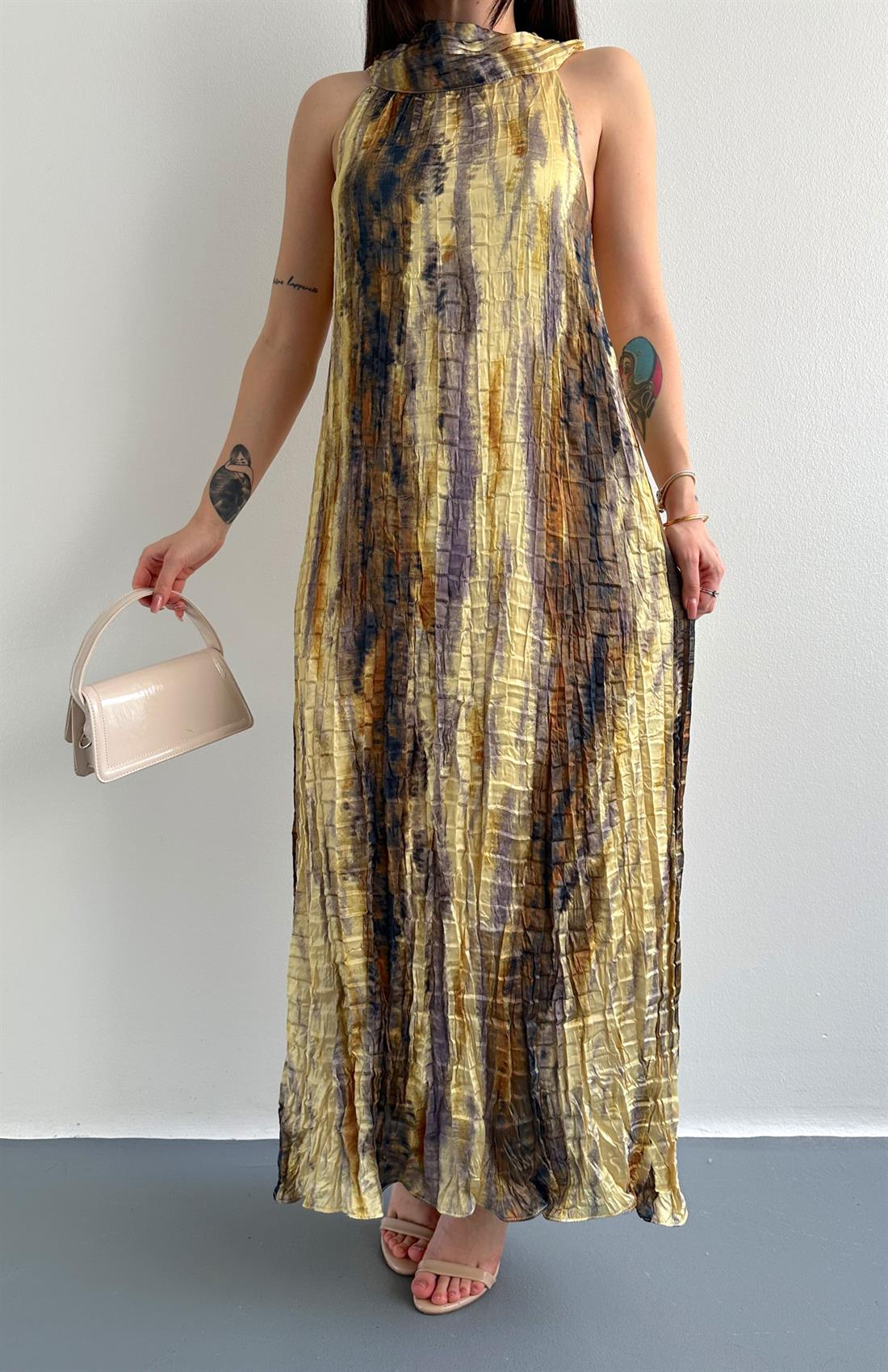 Kraşlı Düğmeli Elbise SARI