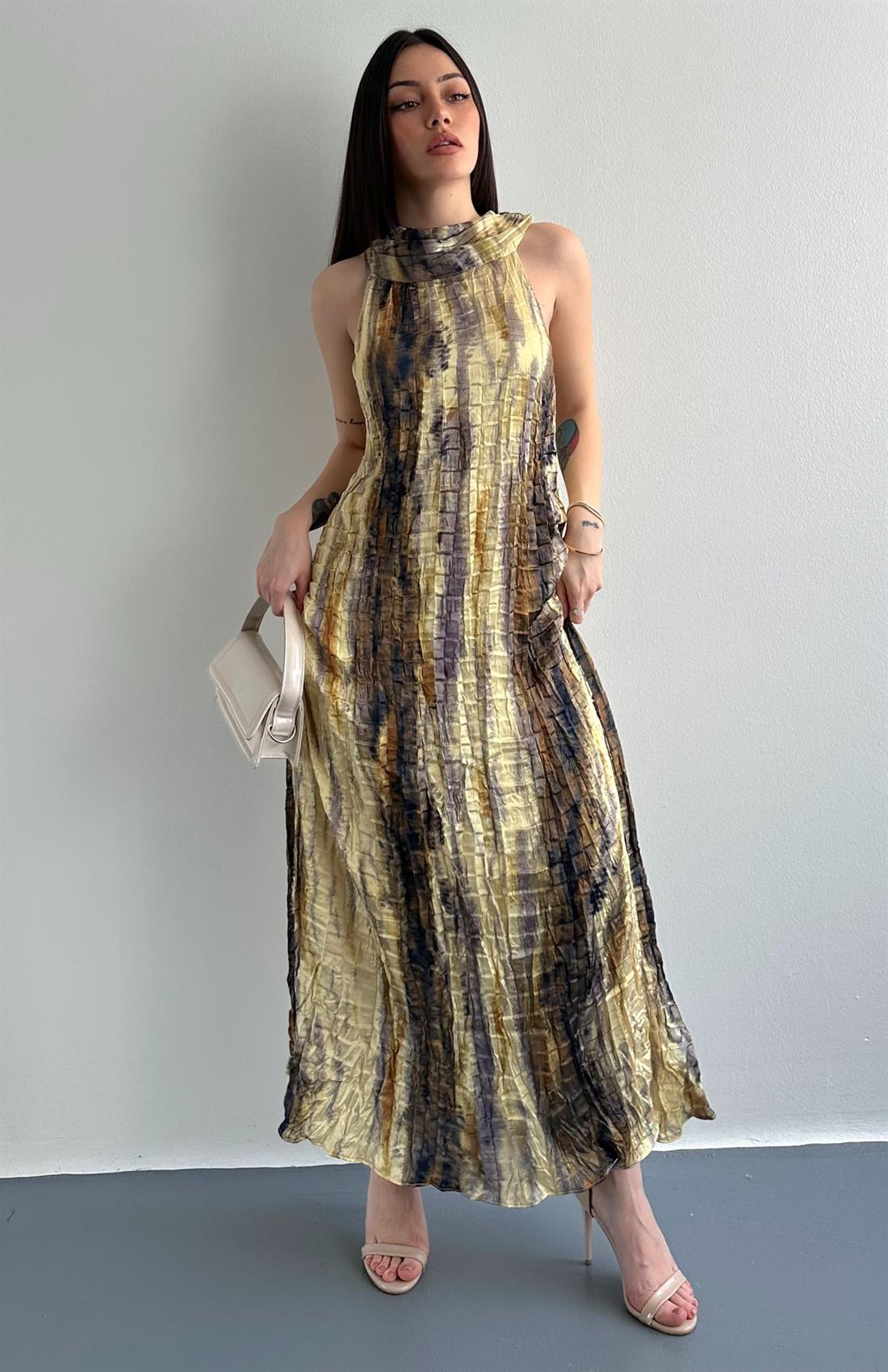 Kraşlı Düğmeli Elbise SARI