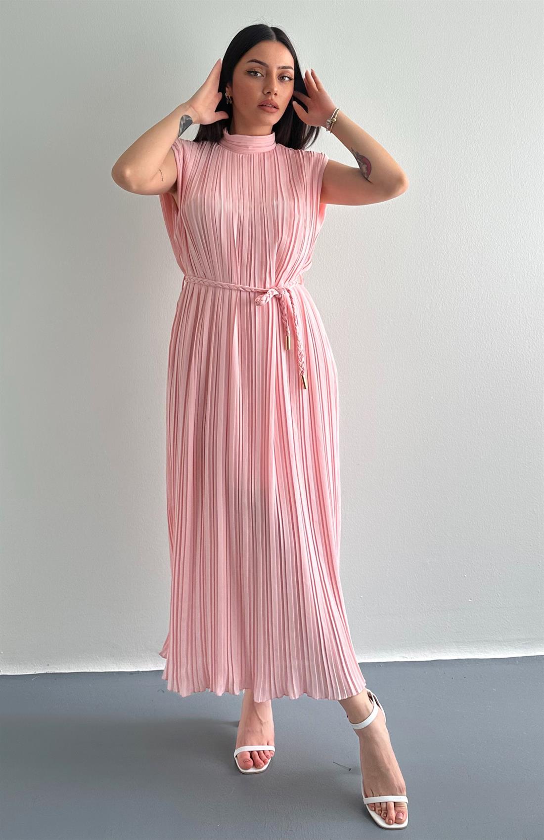 Pliseli Elbise PEMBE