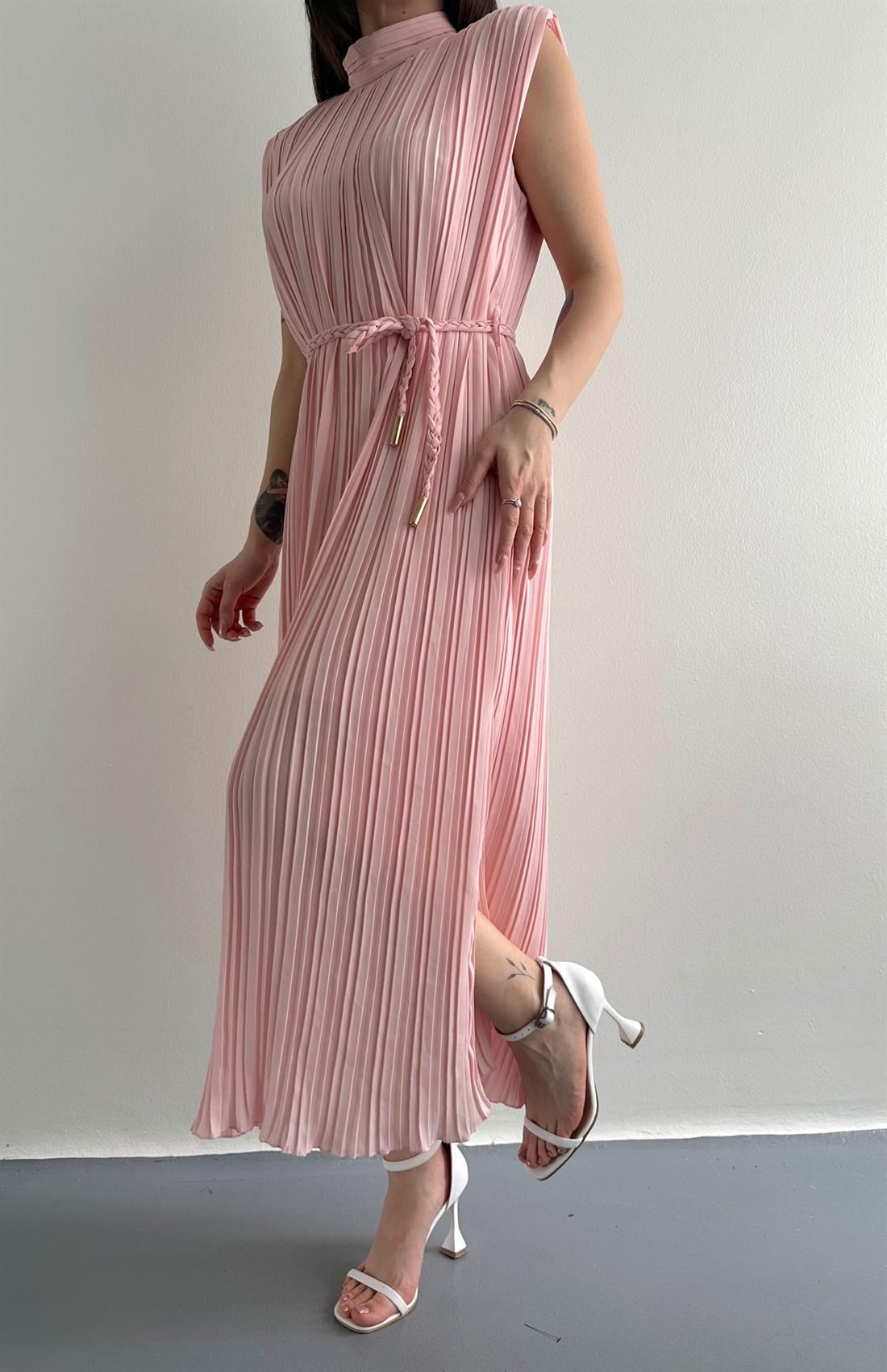 Pliseli Elbise PEMBE