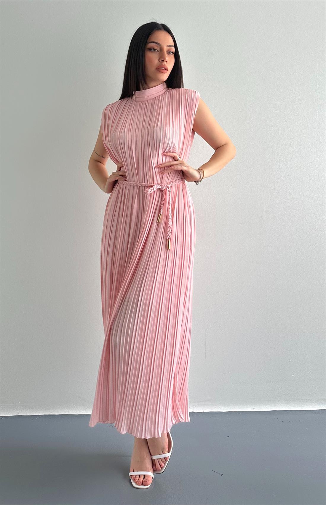 Pliseli Elbise PEMBE