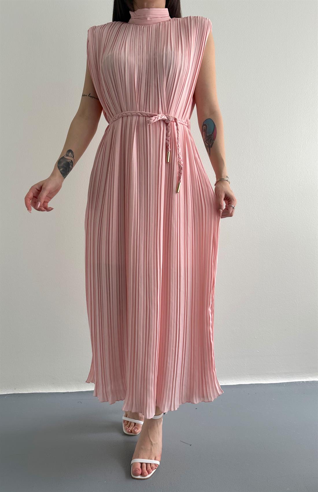 Pliseli Elbise PEMBE