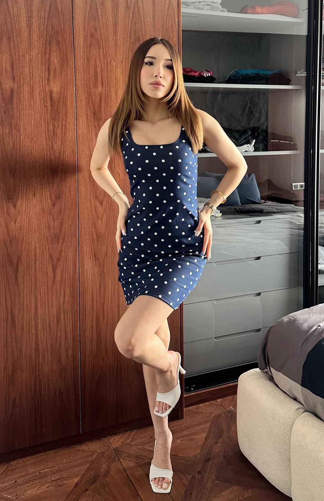 Puantiyeli Kısa Elbise LACİVERT