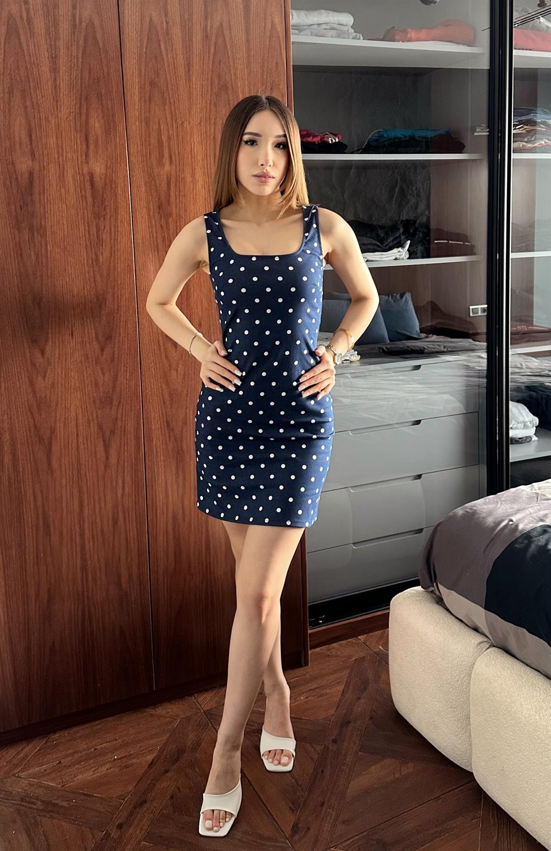 Puantiyeli Kısa Elbise LACİVERT