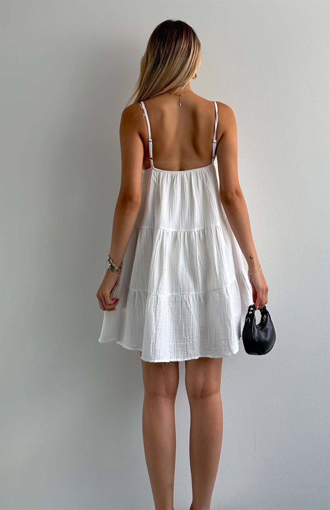 Robalı Askılı Mini Elbise EKRU
