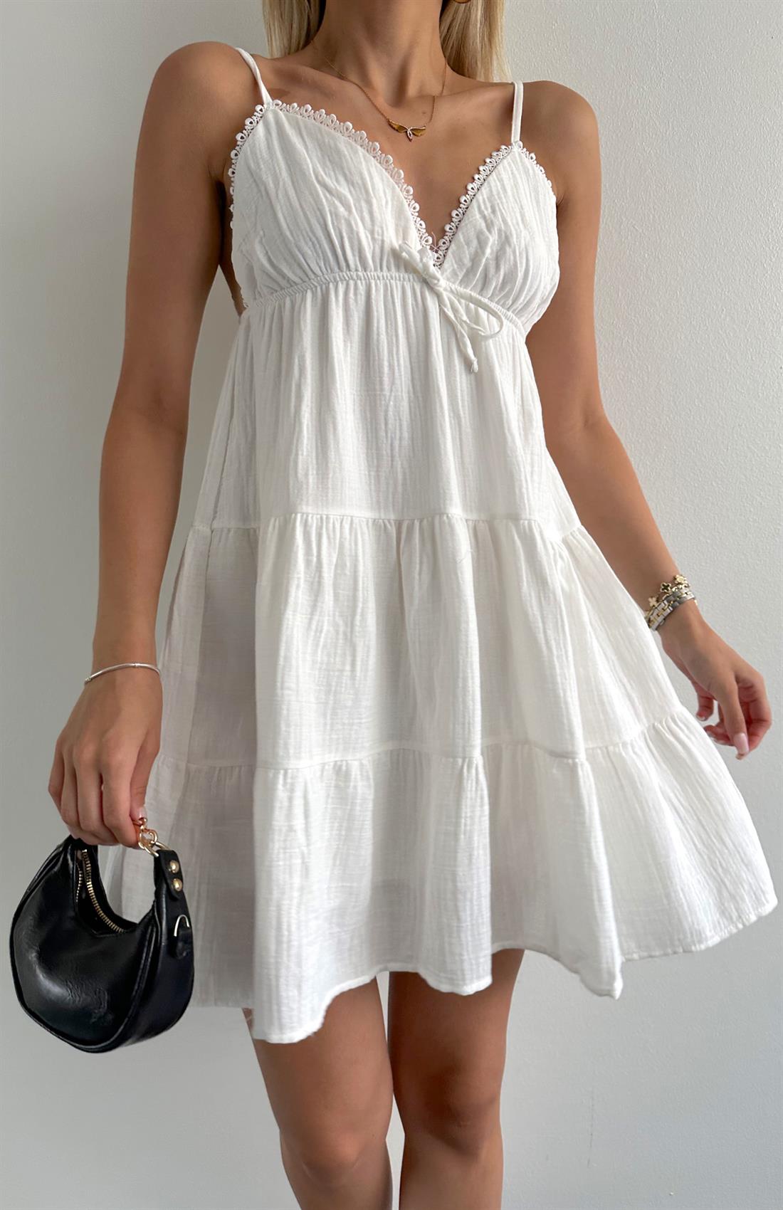 Robalı Askılı Mini Elbise EKRU