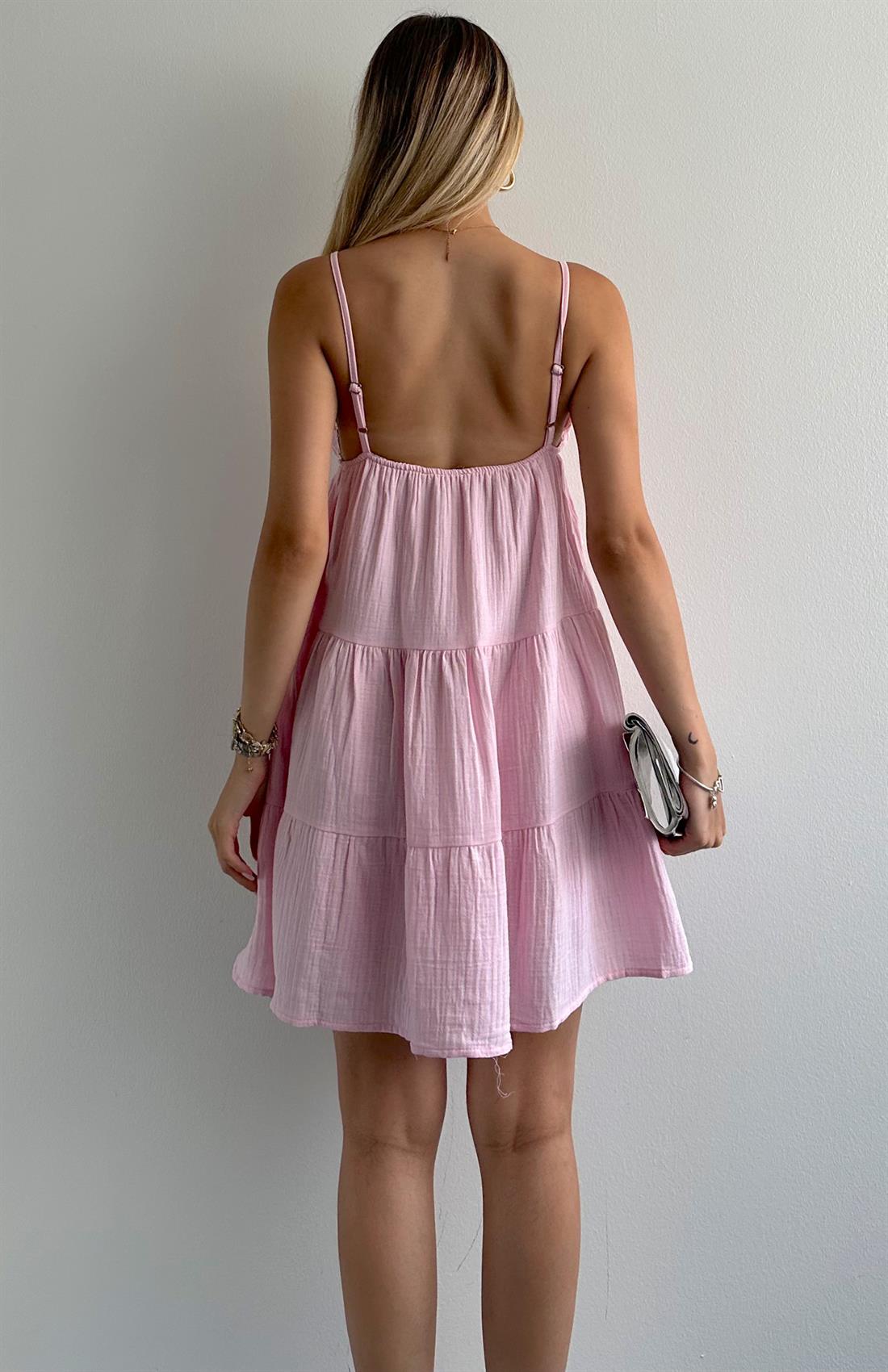 Robalı Askılı Mini Elbise PEMBE