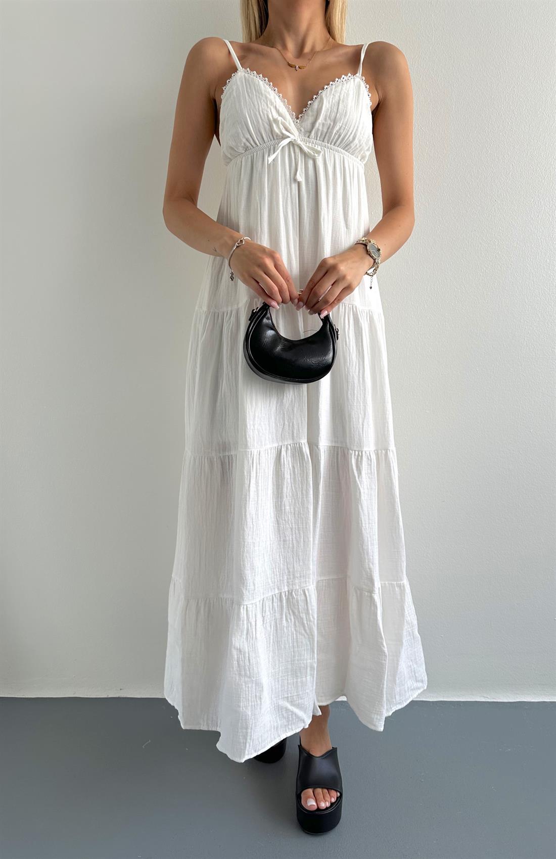 Robalı Askılı Uzun Elbise EKRU