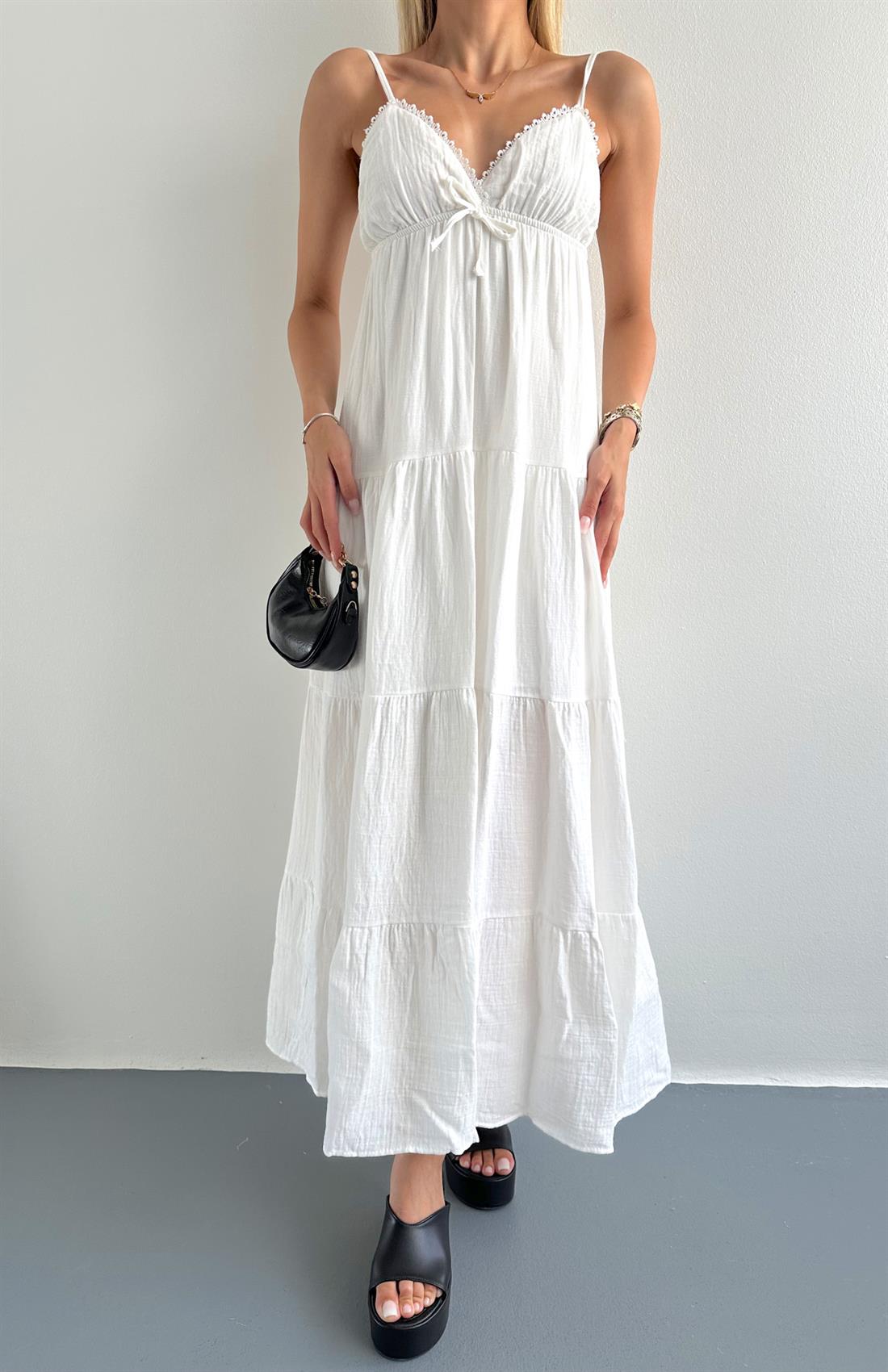 Robalı Askılı Uzun Elbise EKRU