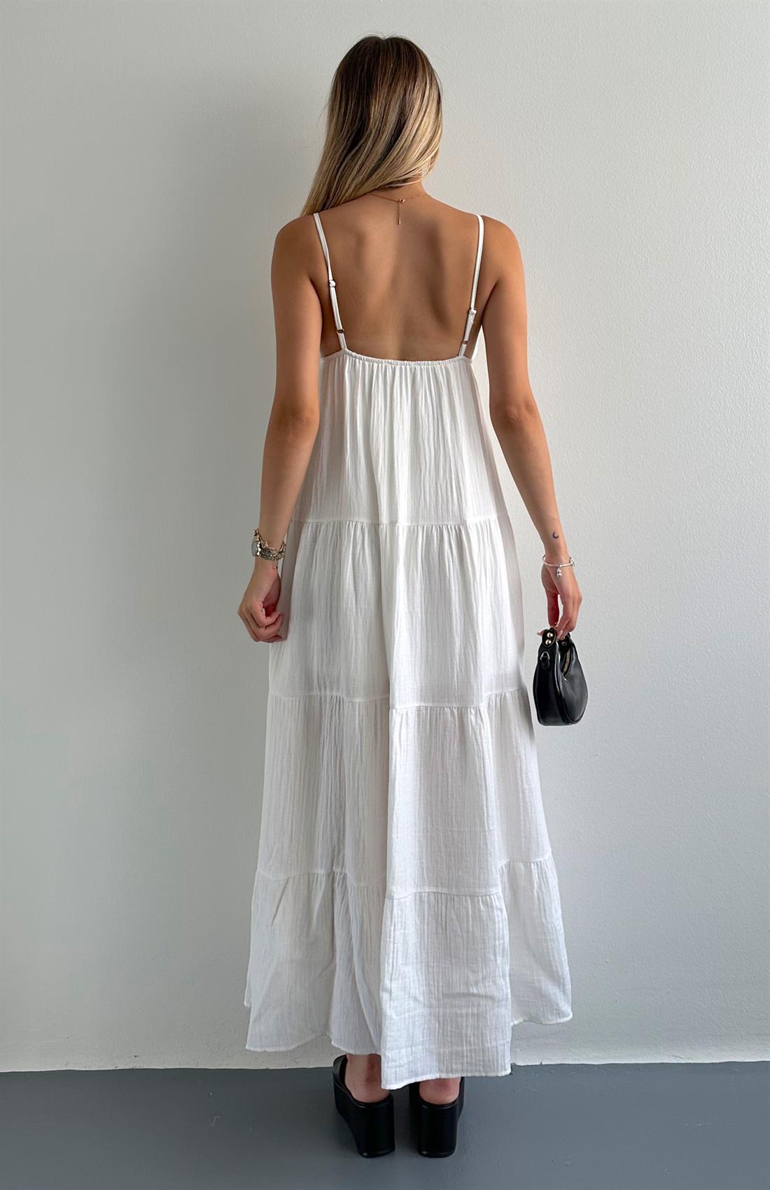 Robalı Askılı Uzun Elbise EKRU