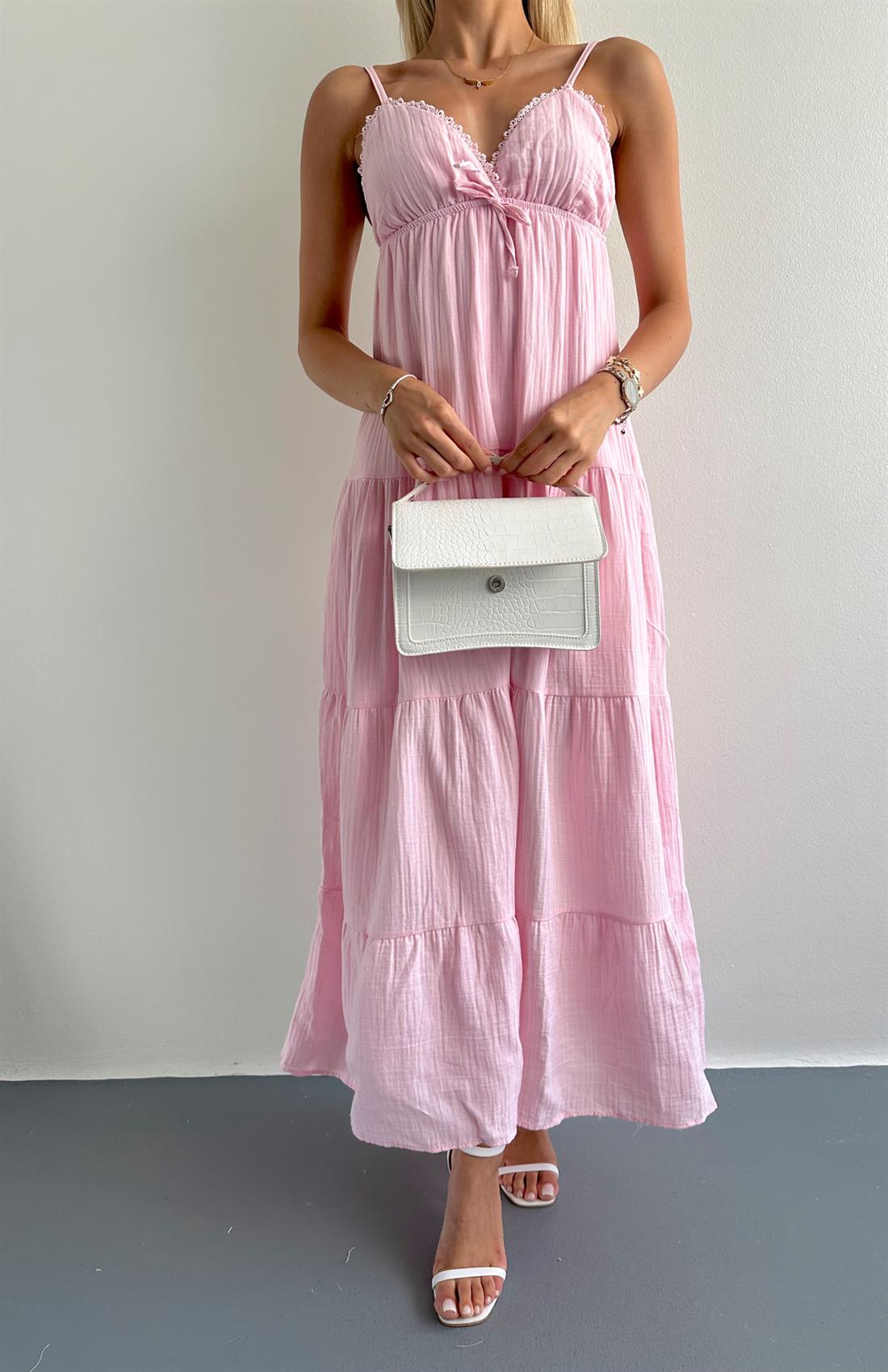 Robalı Askılı Uzun Elbise PEMBE