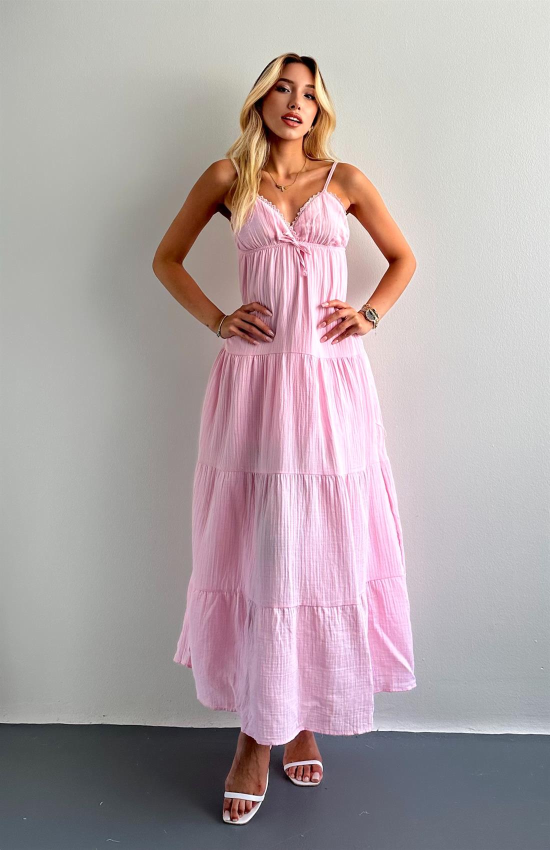 Robalı Askılı Uzun Elbise PEMBE