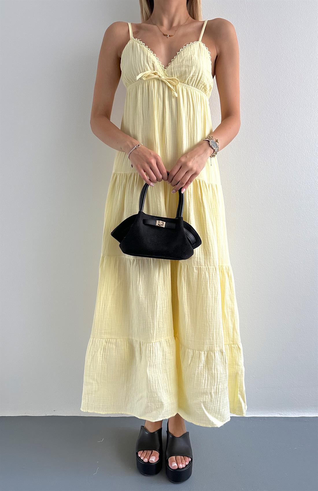 Robalı Askılı Uzun Elbise SARI