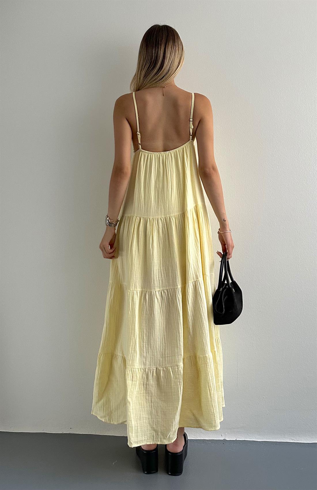 Robalı Askılı Uzun Elbise SARI