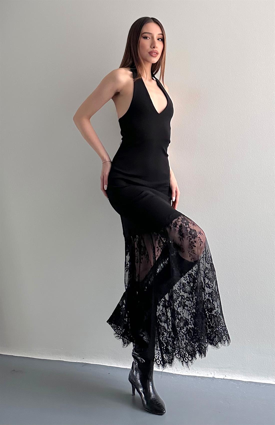 Sırt Dekolteli Dantel Etekli Elbise SİYAH