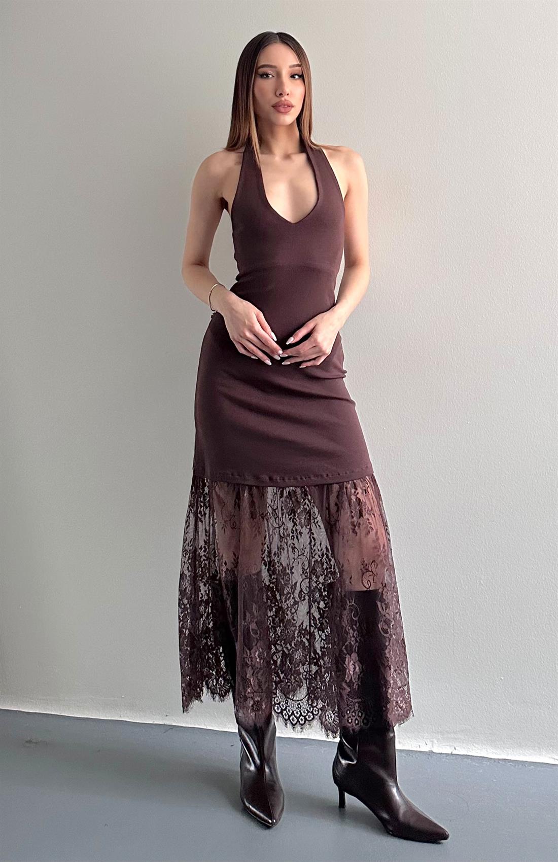 Sırt Dekolteli Dantel Etekli Elbise KAHVERENGİ