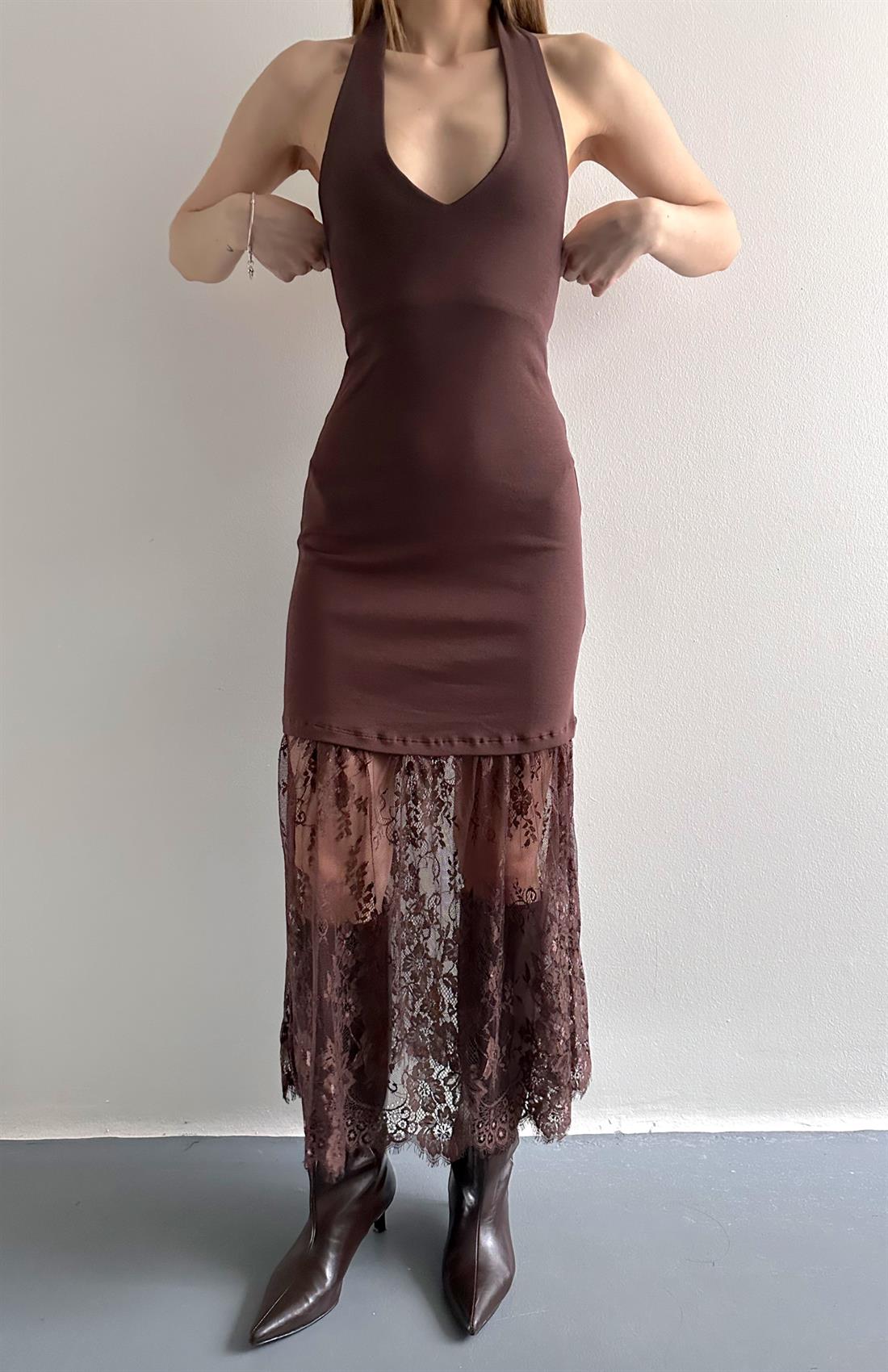 Sırt Dekolteli Dantel Etekli Elbise KAHVERENGİ