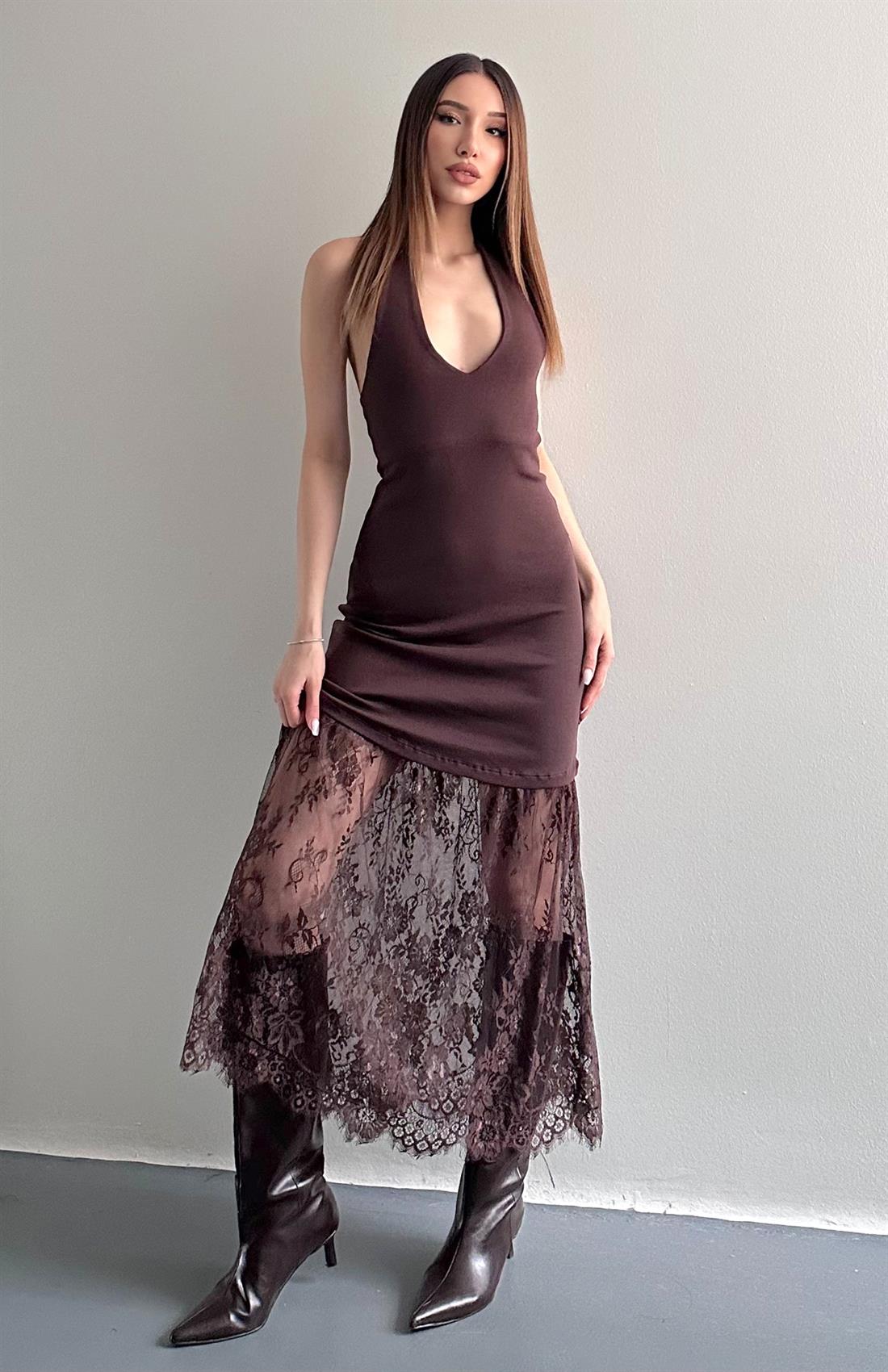 Sırt Dekolteli Dantel Etekli Elbise KAHVERENGİ