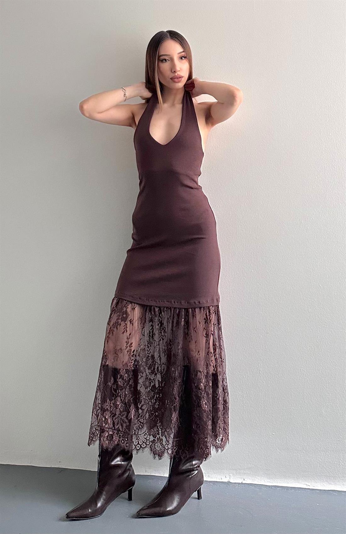 Sırt Dekolteli Dantel Etekli Elbise KAHVERENGİ