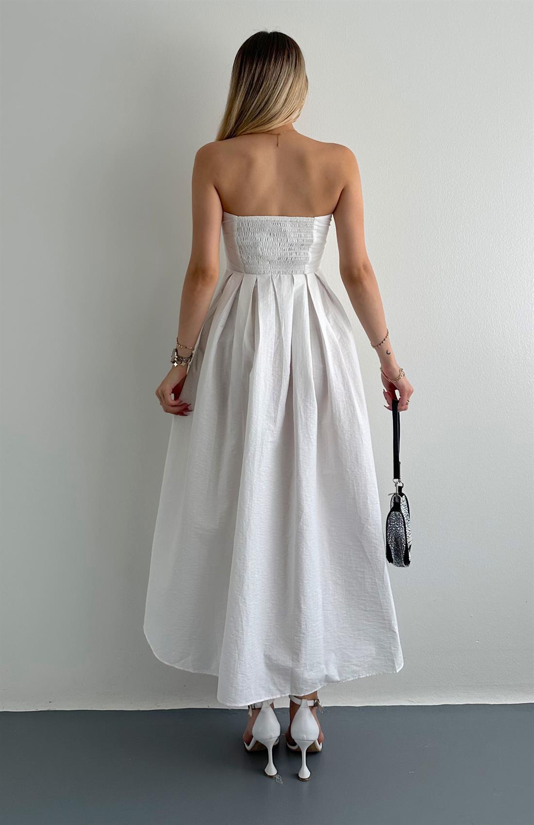 Straplez Midi Boy Elbise EKRU