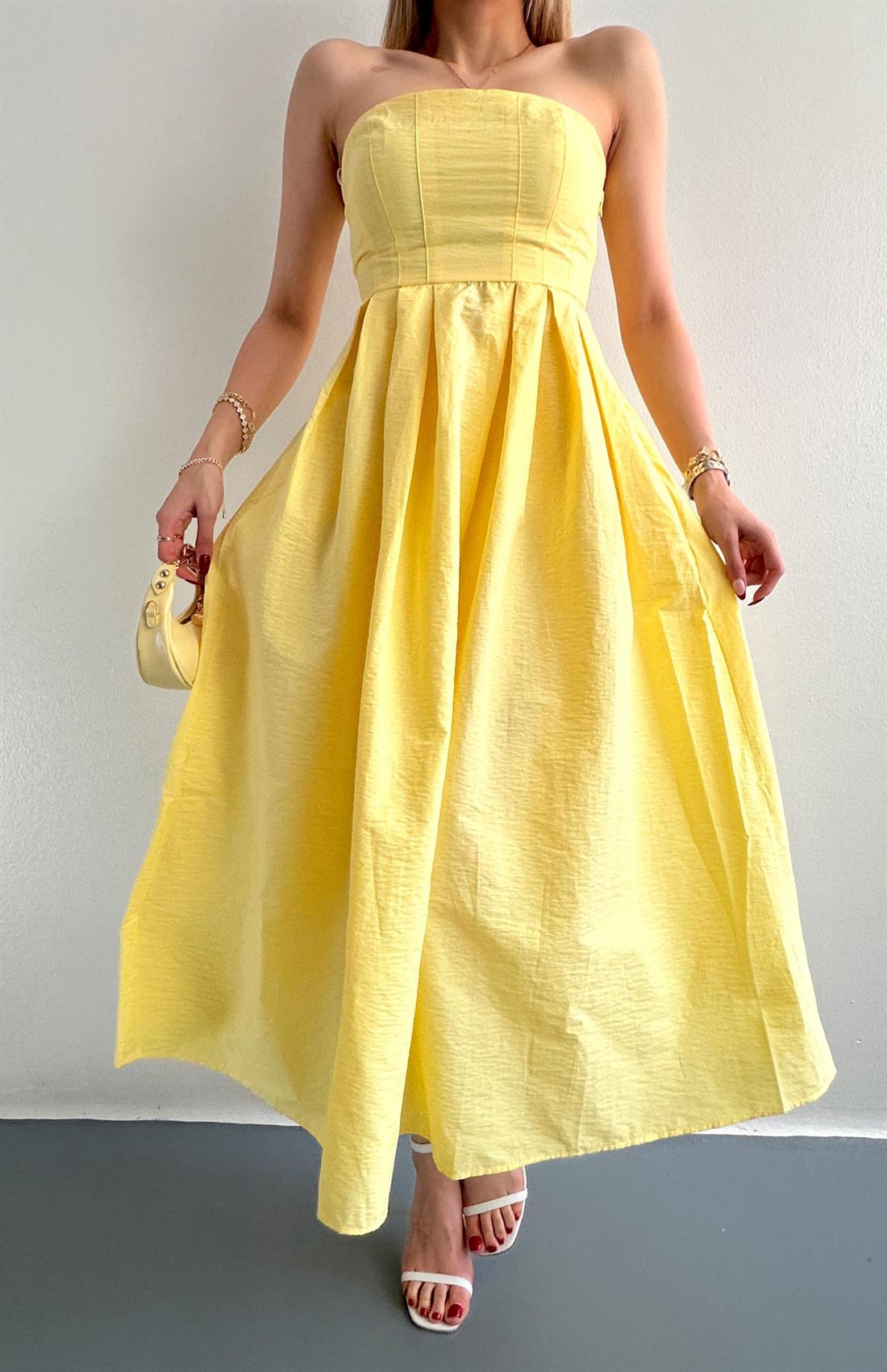 Straplez Midi Boy Elbise SARI