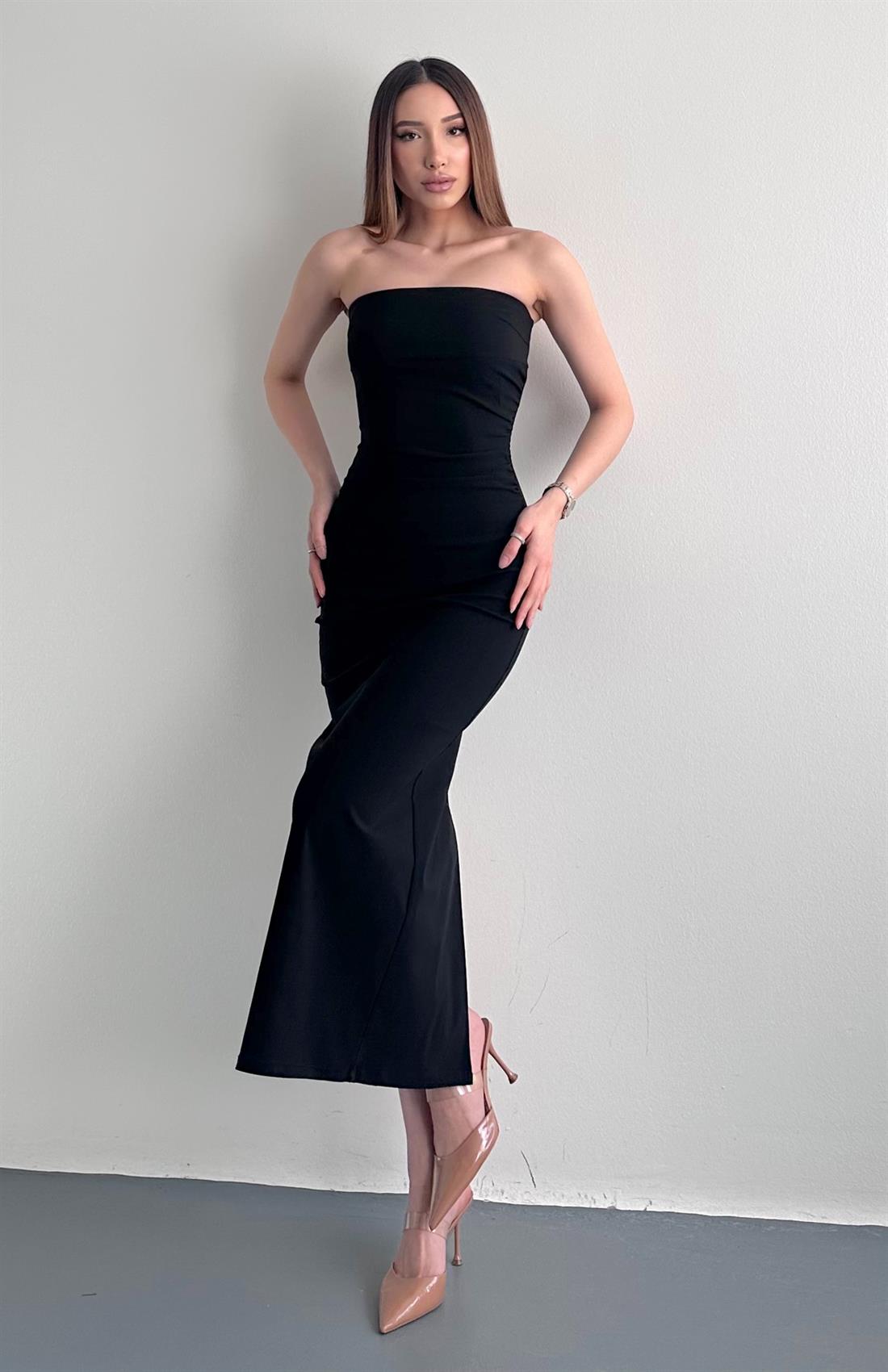 Straplez Midi Boy Elbise SİYAH