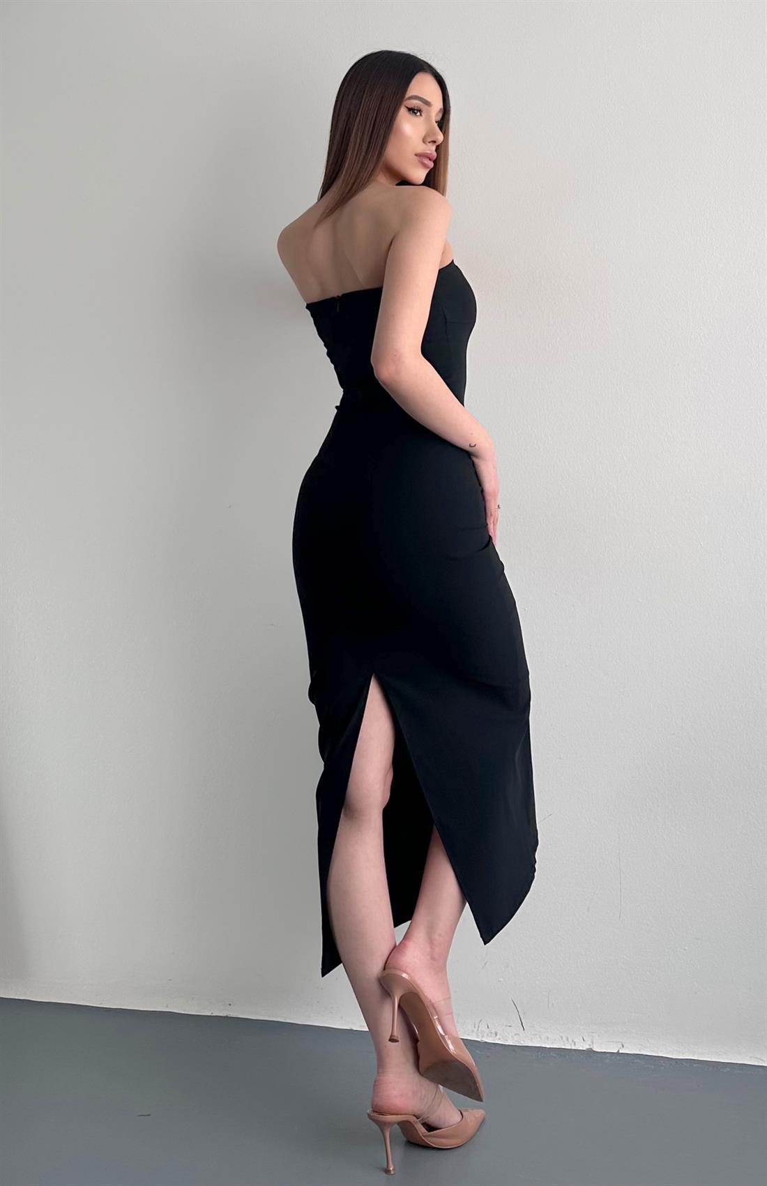 Straplez Midi Boy Elbise SİYAH