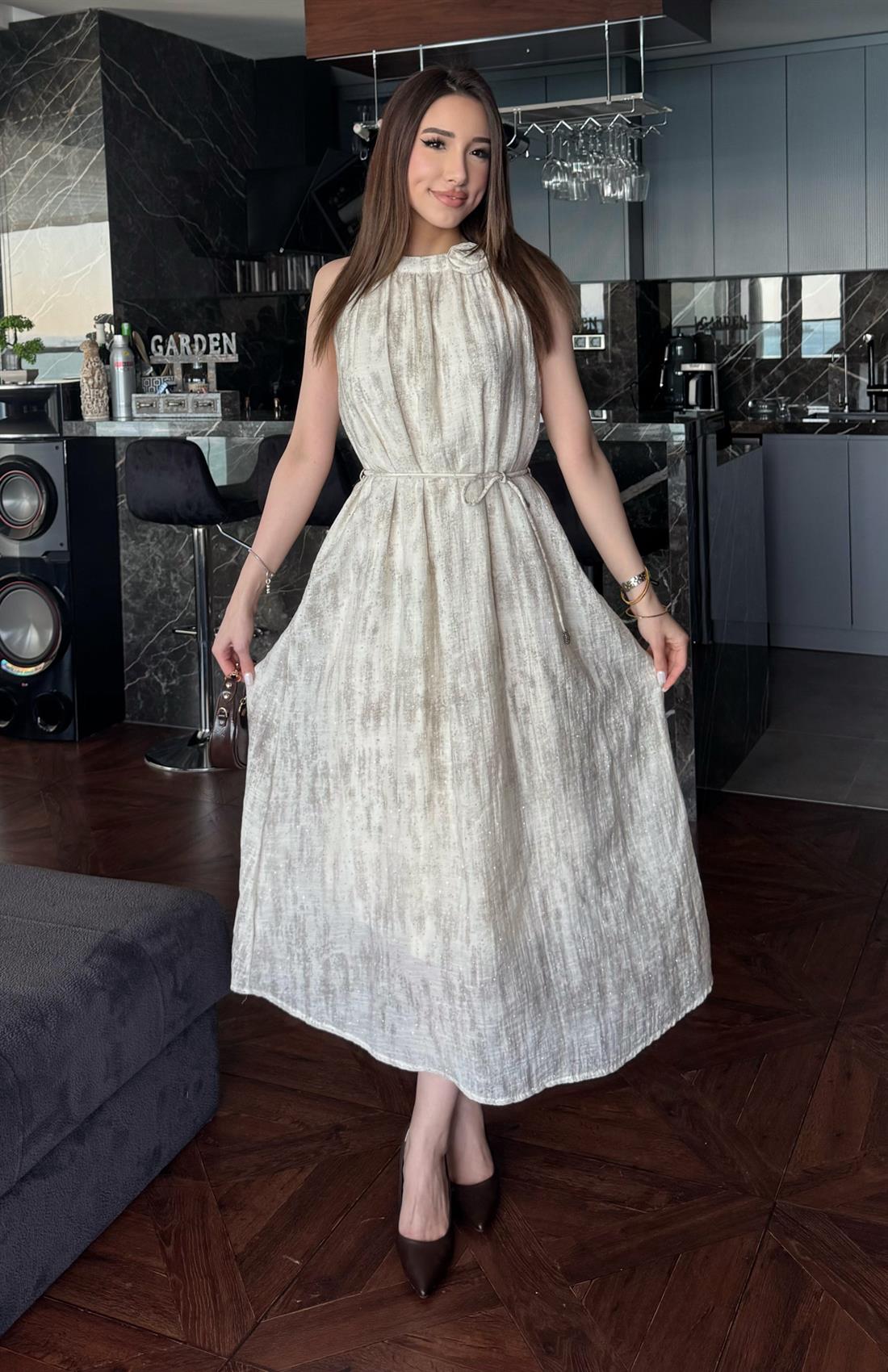 Taşlı Halter Yaka Elbise BEJ