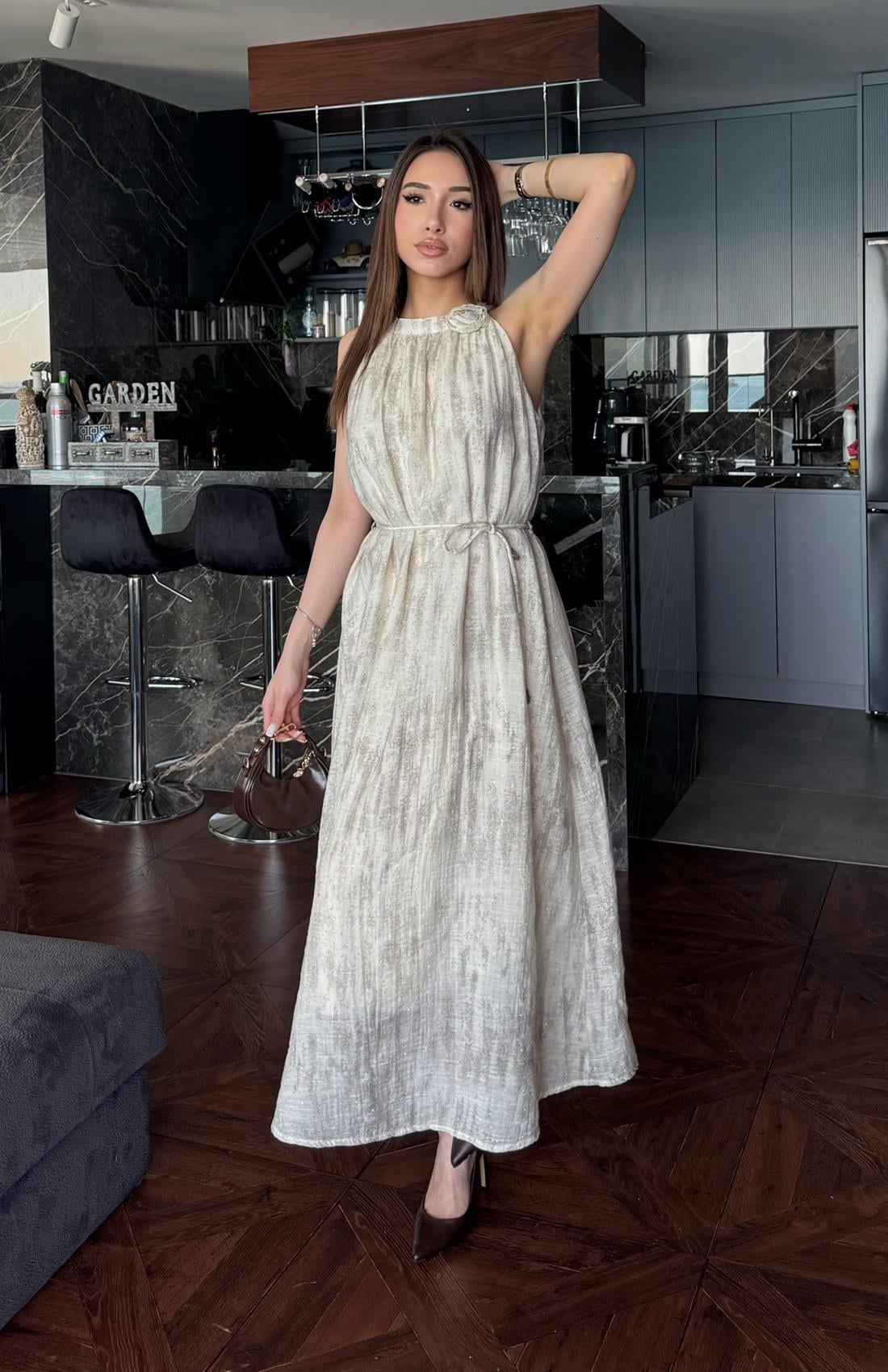 Taşlı Halter Yaka Elbise BEJ