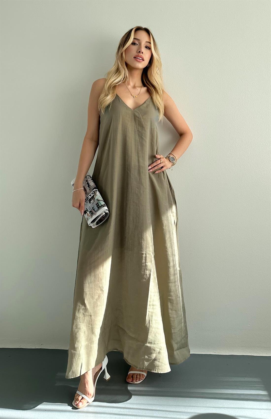 V Yaka Askılı Cepli Dökümlü Elbise HAKİ