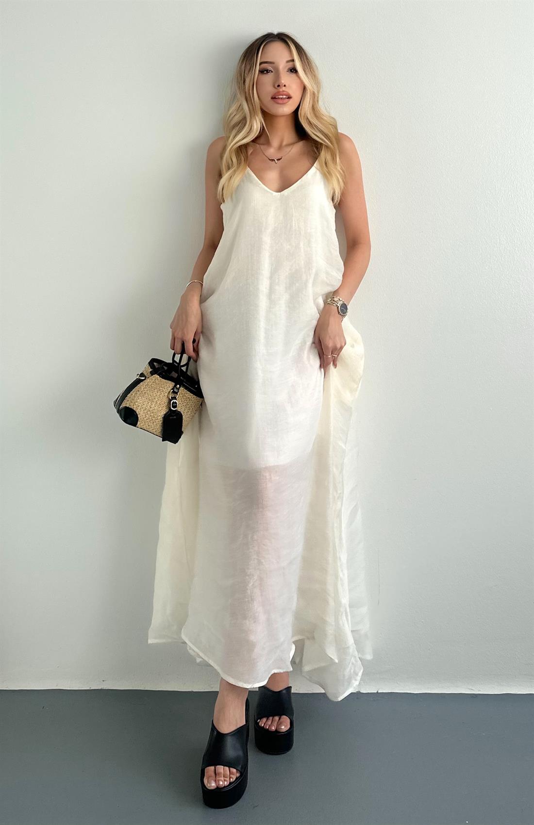 V Yaka Askılı Cepli Dökümlü Elbise EKRU