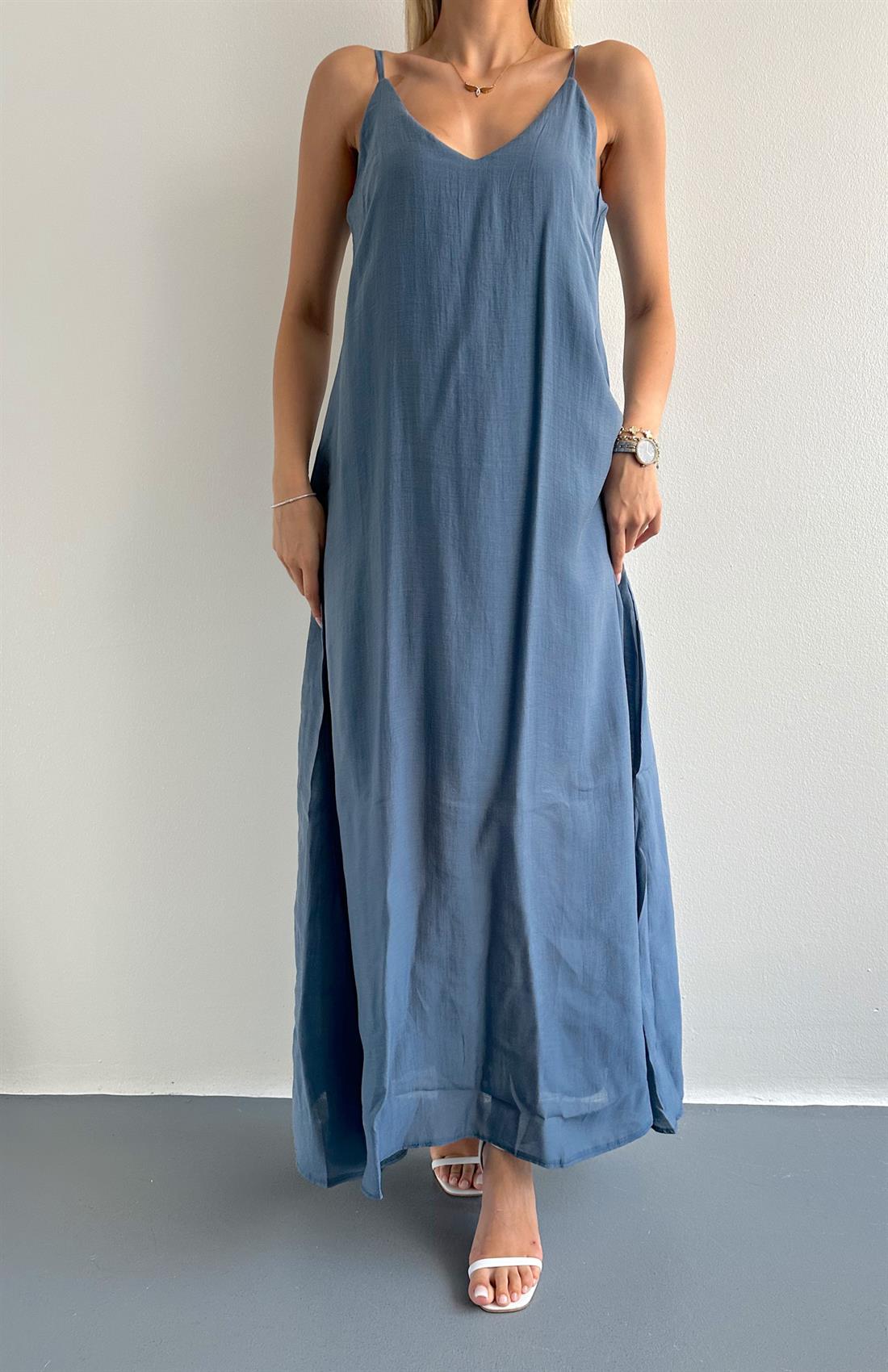 V Yaka Askılı Cepli Dökümlü Elbise MAVİ