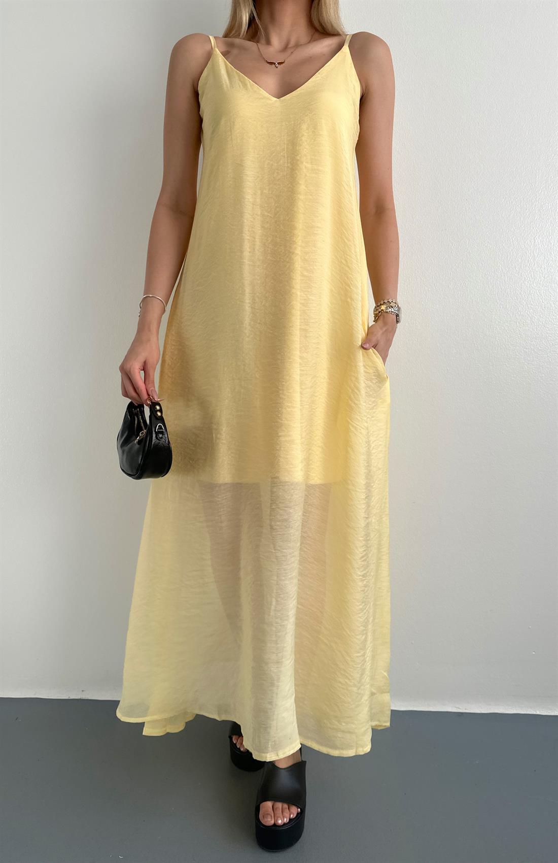 V Yaka Askılı Cepli Dökümlü Elbise SARI