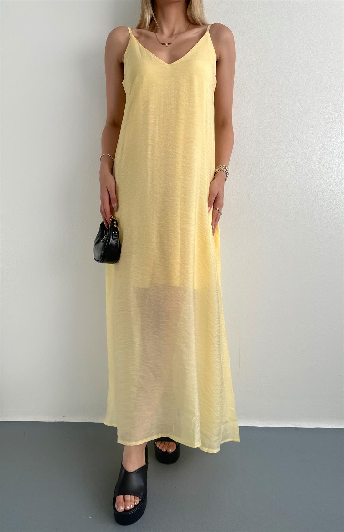 V Yaka Askılı Cepli Dökümlü Elbise SARI
