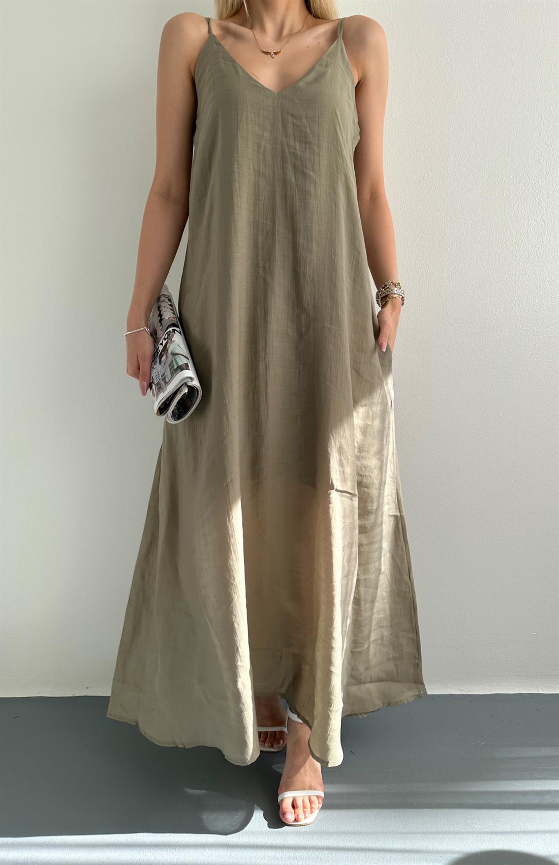 V Yaka Askılı Cepli Dökümlü Elbise HAKİ