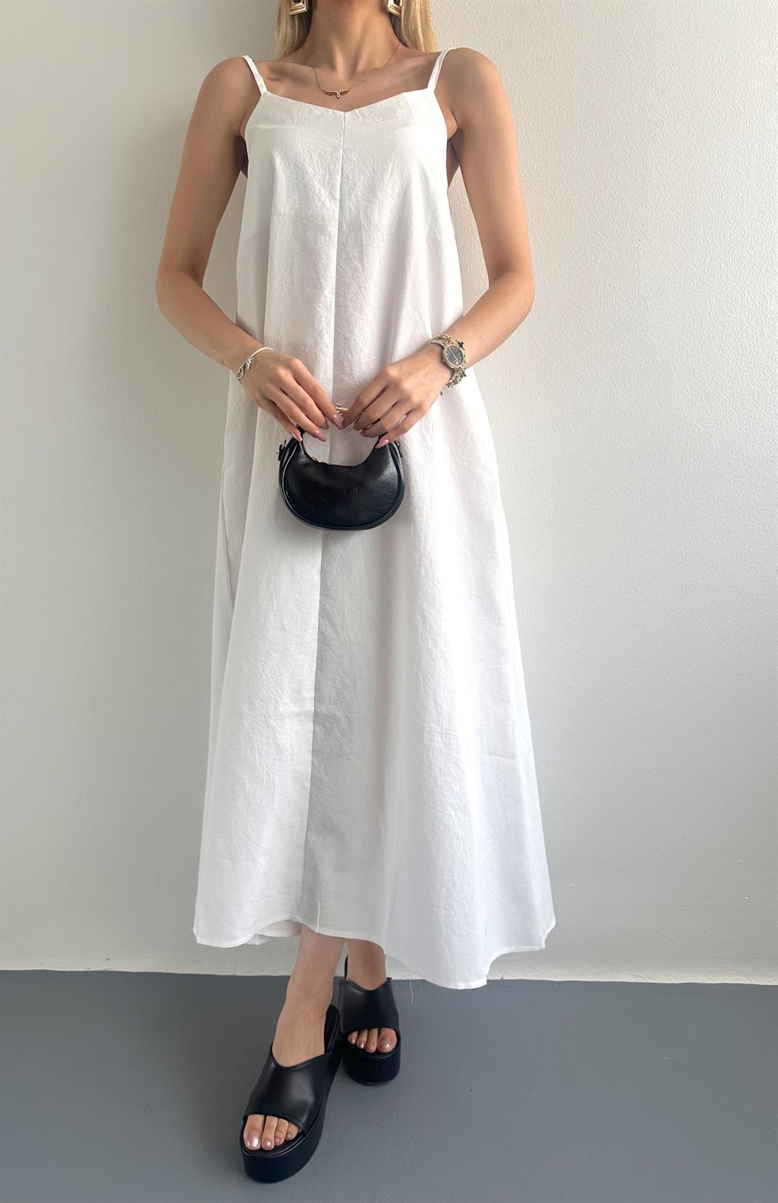 V Yaka Askılı Modal Elbise BEYAZ