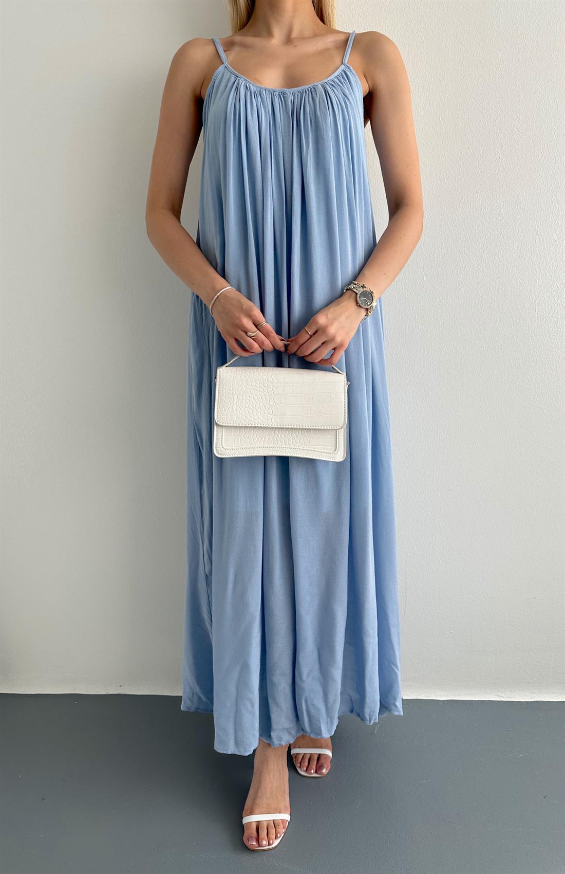 V Yaka Büzgülü Askılı Elbise B.MAVİ