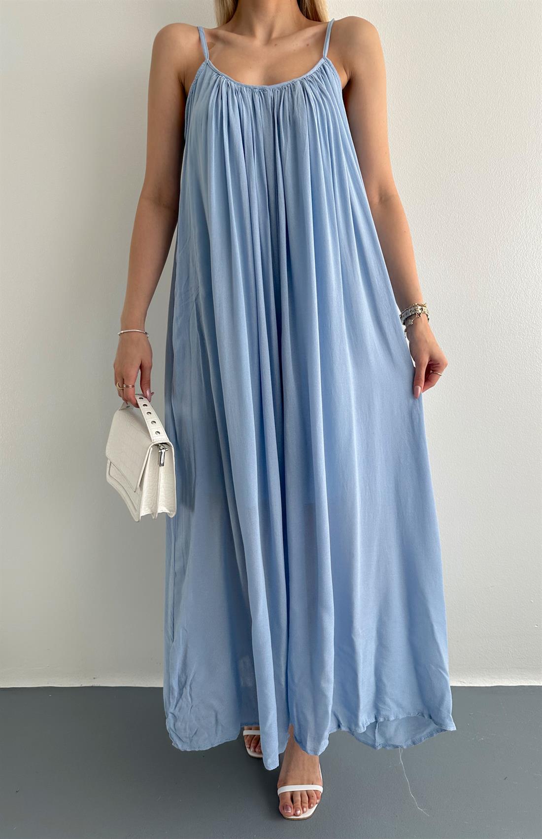 V Yaka Büzgülü Askılı Elbise B.MAVİ