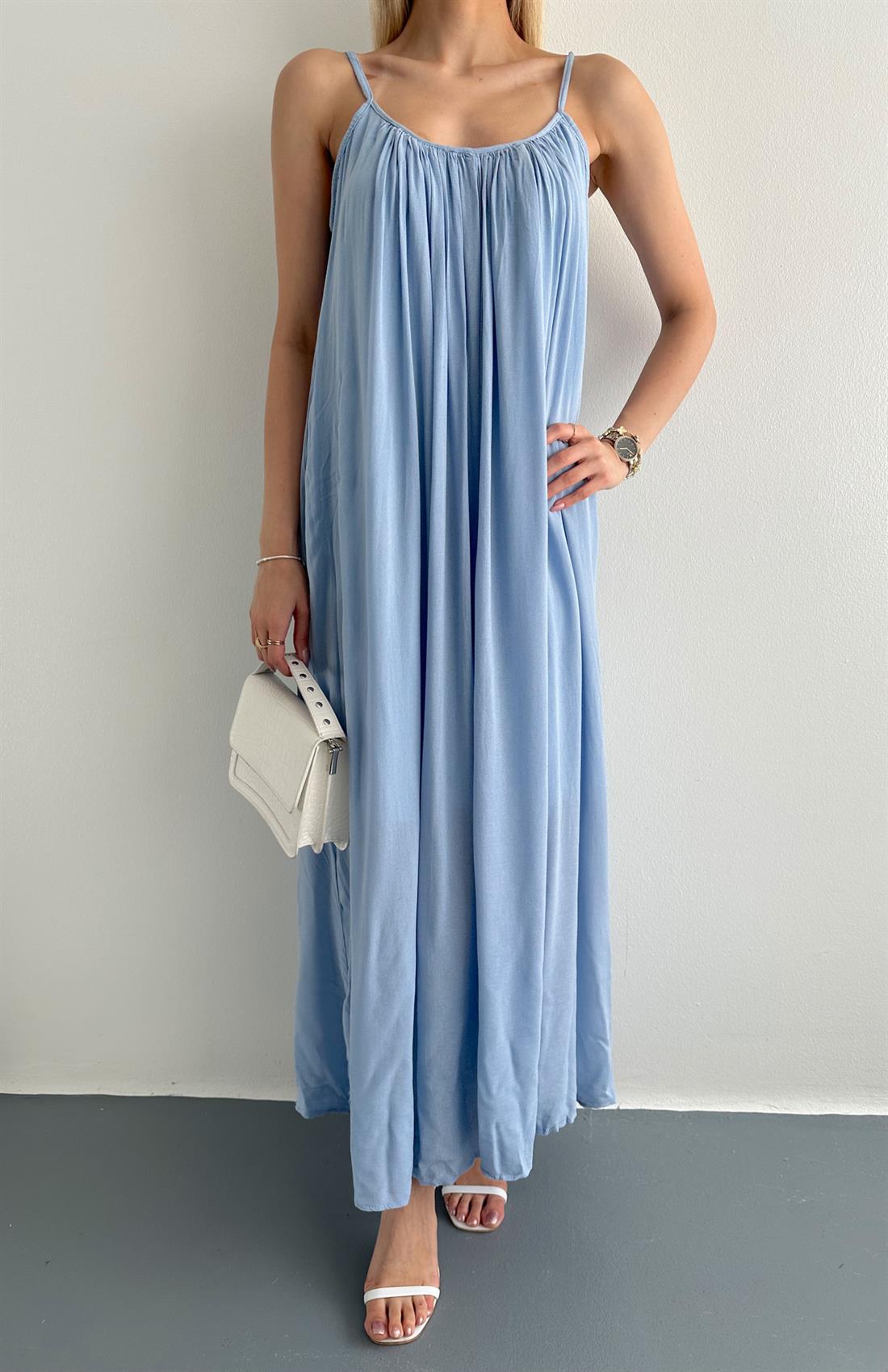 V Yaka Büzgülü Askılı Elbise B.MAVİ