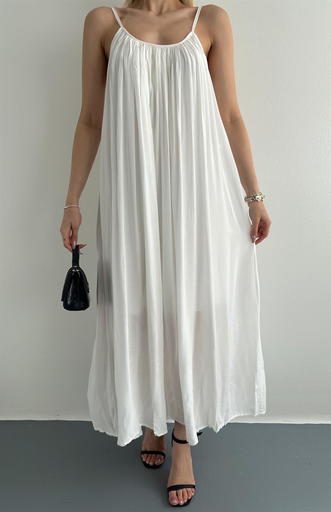 V Yaka Büzgülü Askılı Elbise EKRU