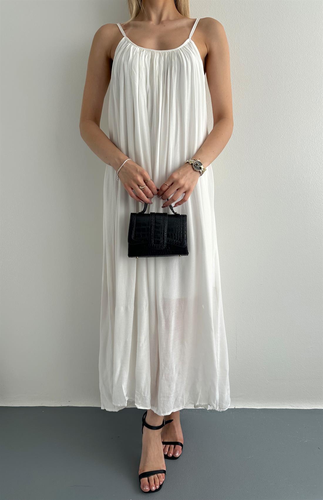 V Yaka Büzgülü Askılı Elbise EKRU