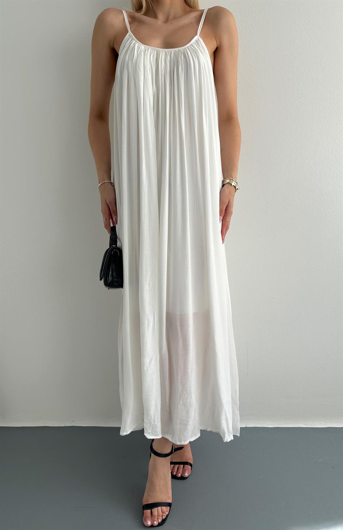 V Yaka Büzgülü Askılı Elbise EKRU