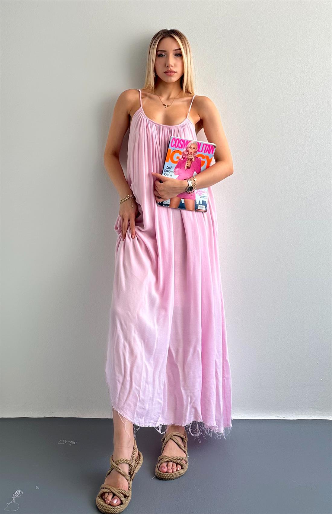 V Yaka Büzgülü Askılı Elbise PEMBE