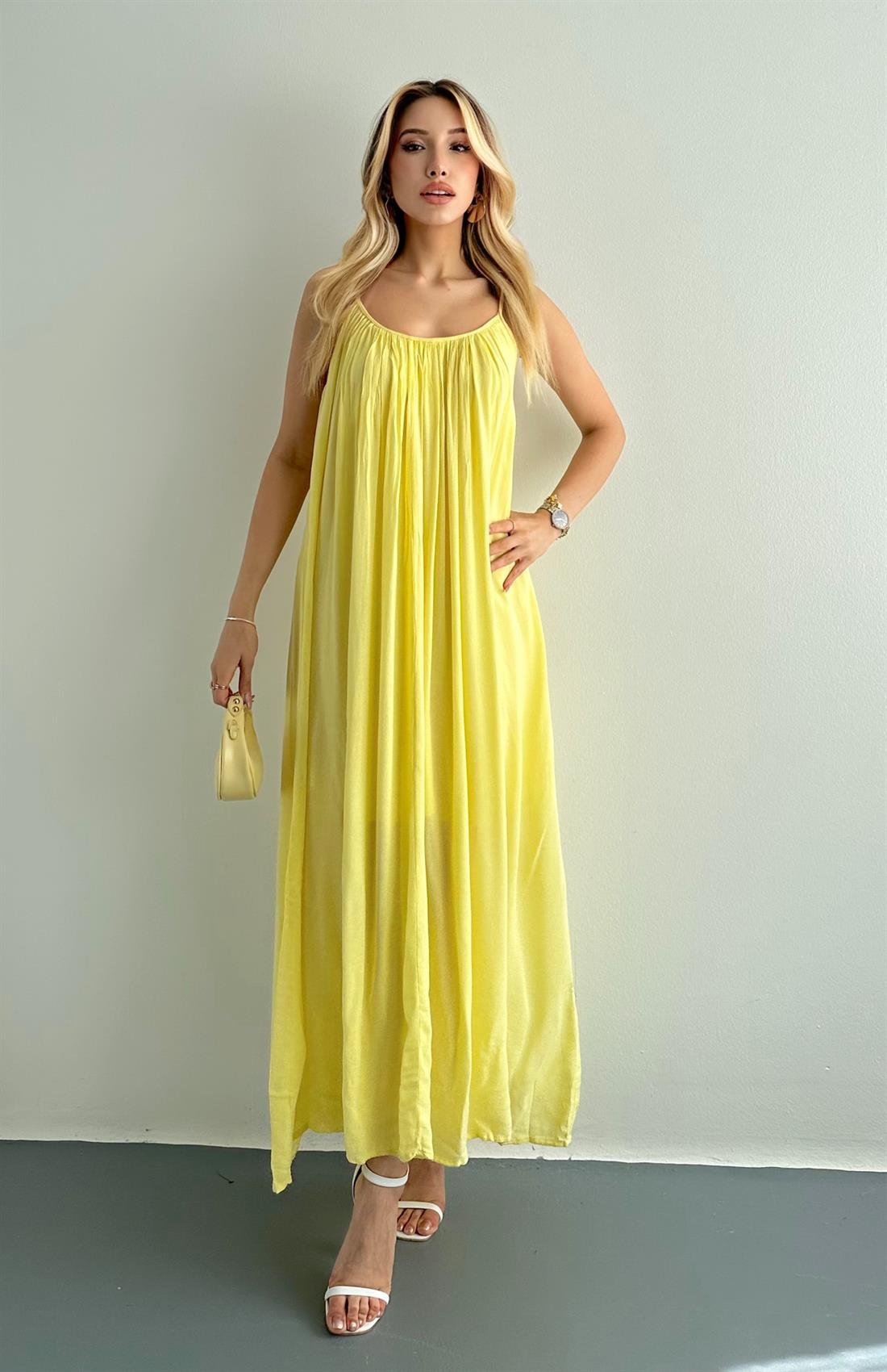 V Yaka Büzgülü Askılı Elbise SARI