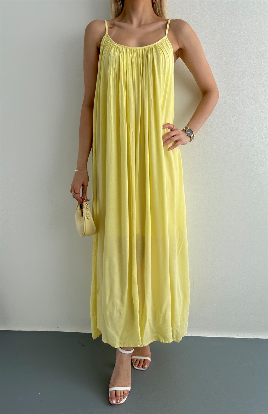 V Yaka Büzgülü Askılı Elbise SARI