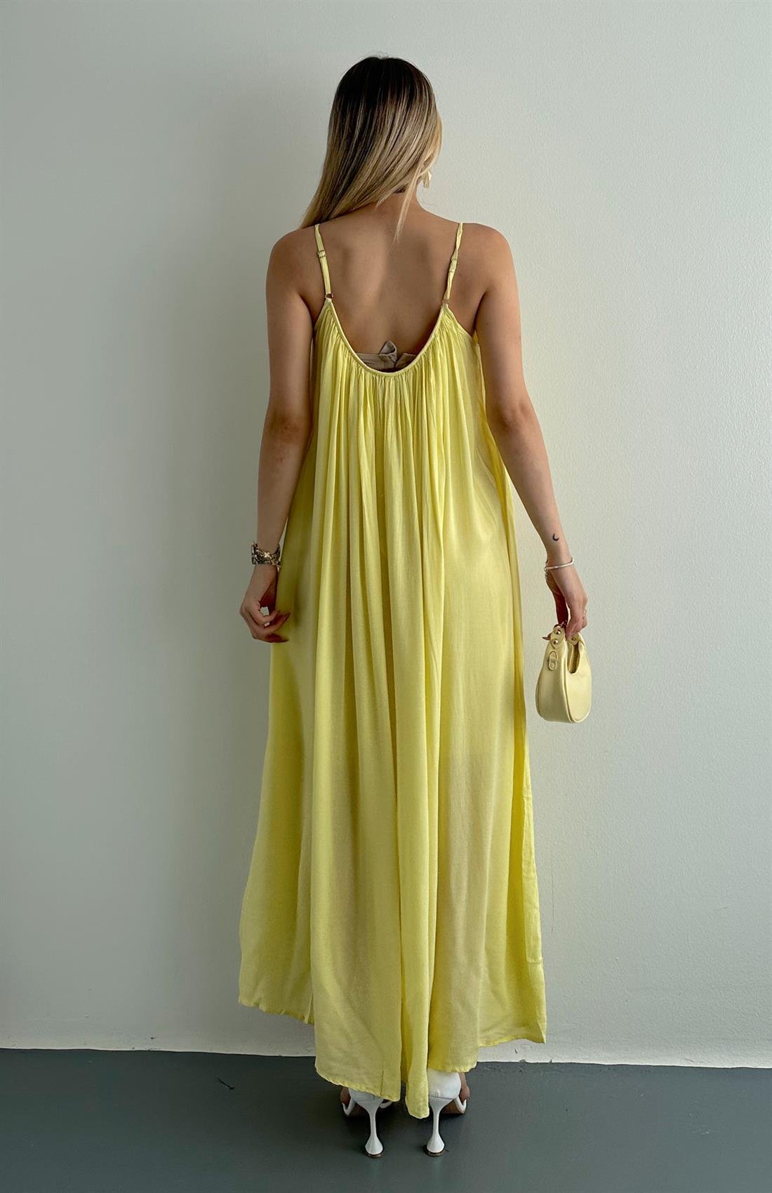 V Yaka Büzgülü Askılı Elbise SARI