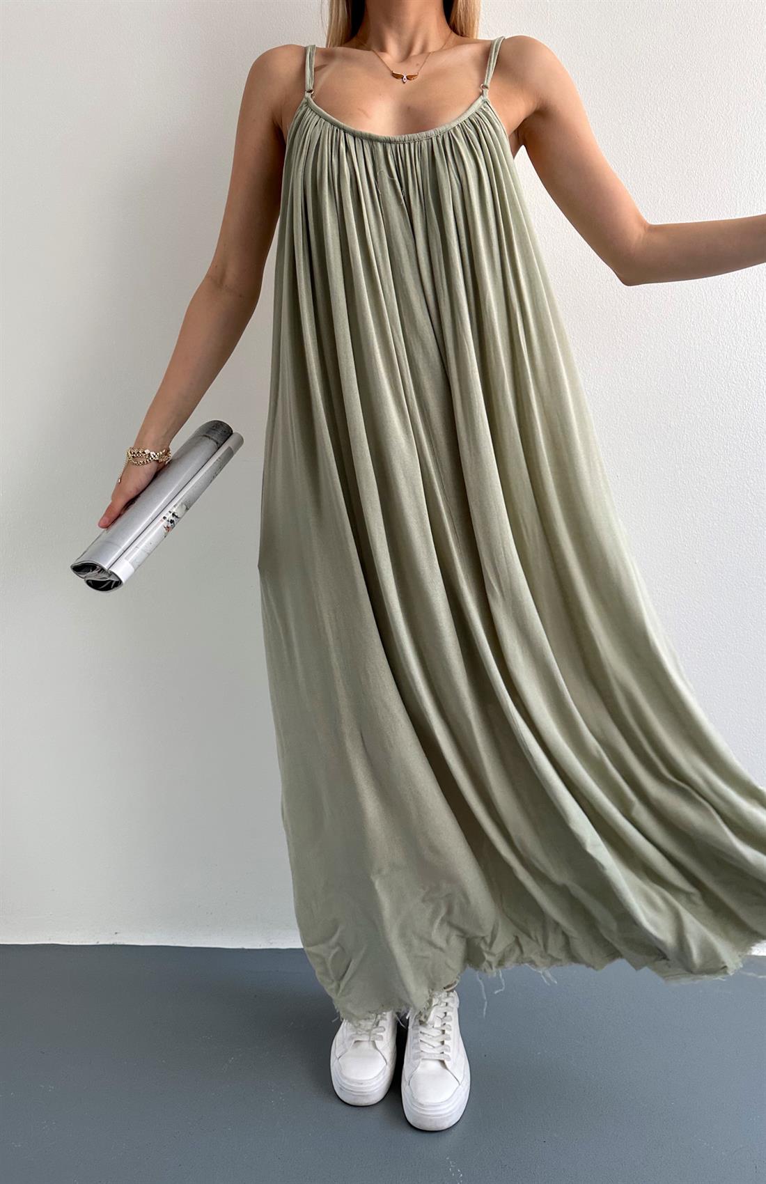 V Yaka Büzgülü Askılı Elbise YEŞİL