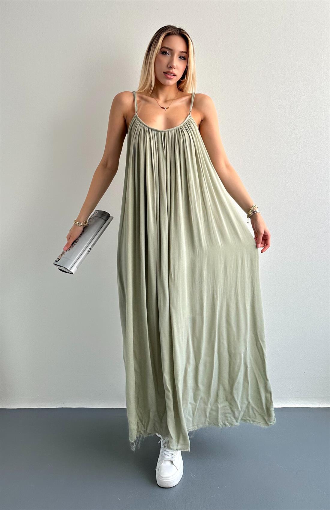 V Yaka Büzgülü Askılı Elbise YEŞİL