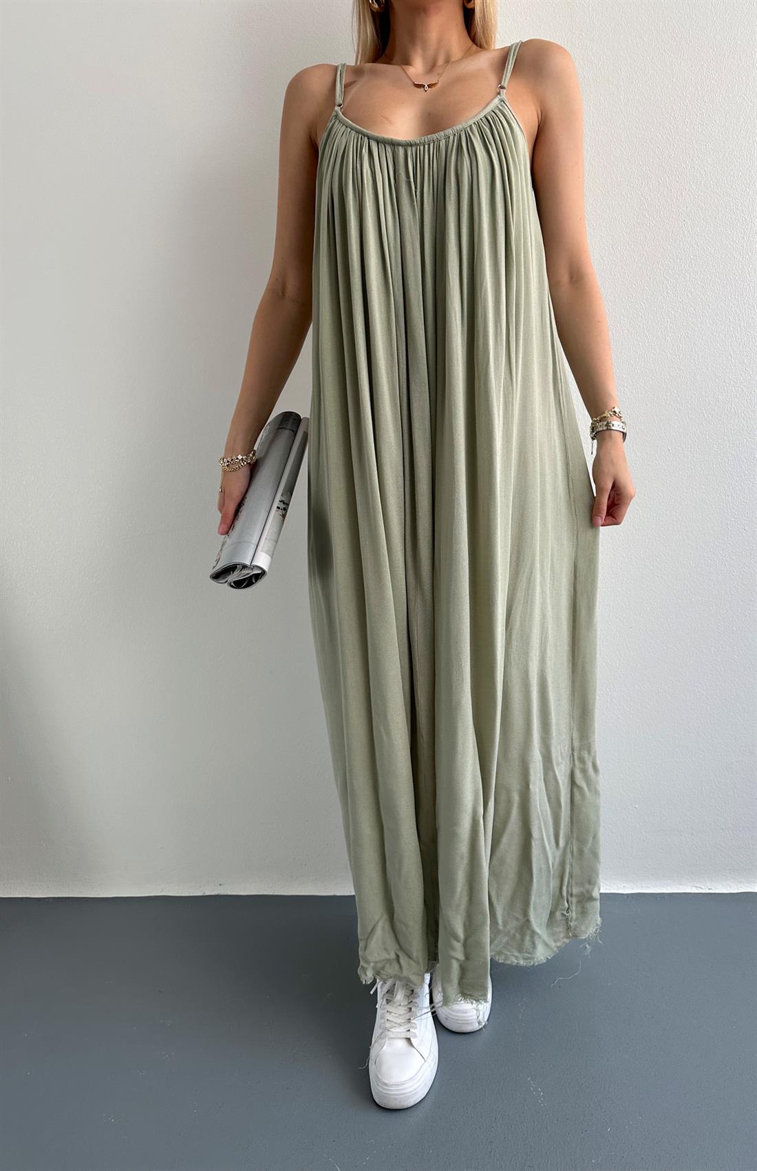V Yaka Büzgülü Askılı Elbise YEŞİL