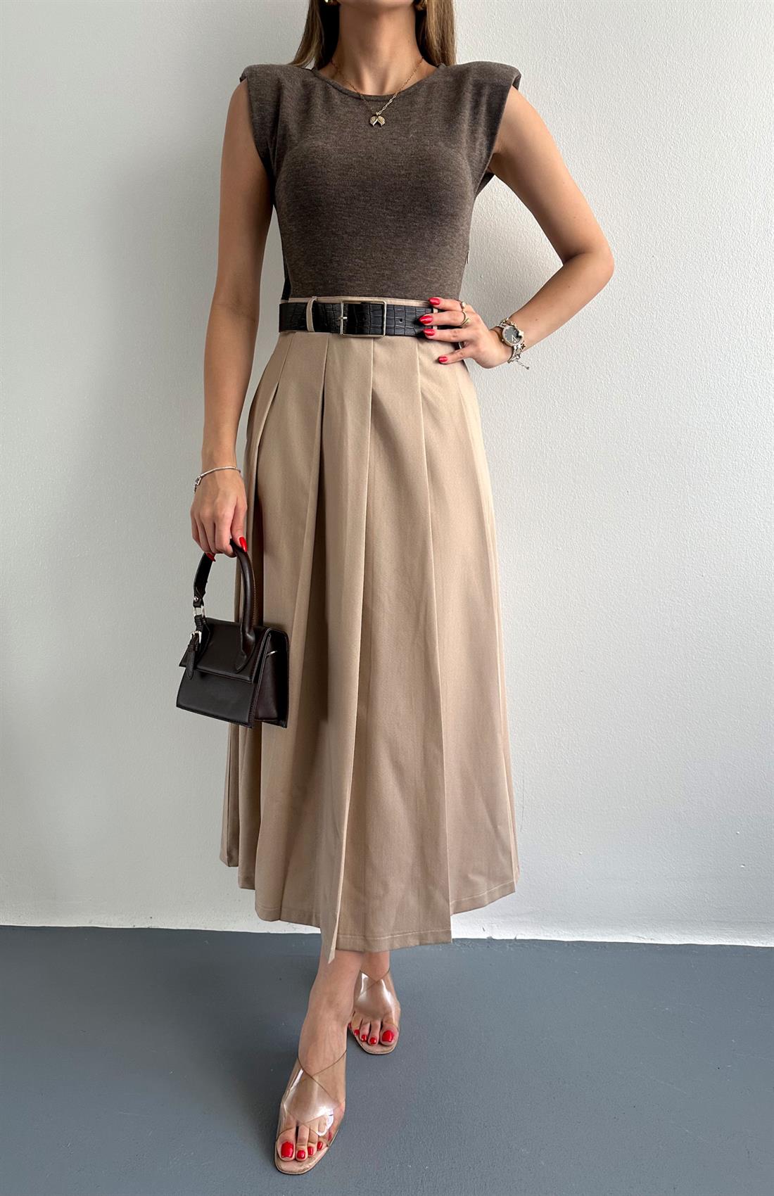 Vatkalı Konstrat Elbise KAHVERENGİ